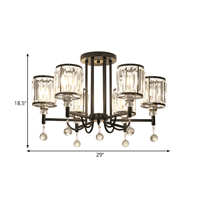 Modern Crystal Semi Flush Ceiling Light with Black Cylinder Design, Ideal for Bedroom