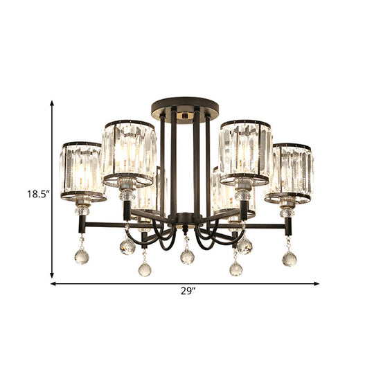 Modern Crystal Semi Flush Ceiling Light with Black Cylinder Design, Ideal for Bedroom