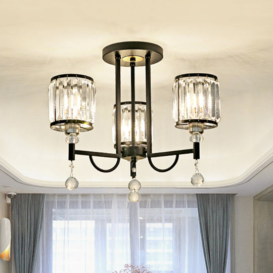 Modern Crystal Semi Flush Ceiling Light with Black Cylinder Design, Ideal for Bedroom