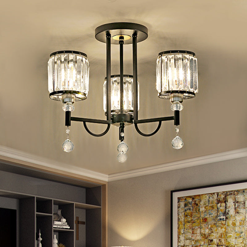 Modern Crystal Semi Flush Ceiling Light with Black Cylinder Design, Ideal for Bedroom