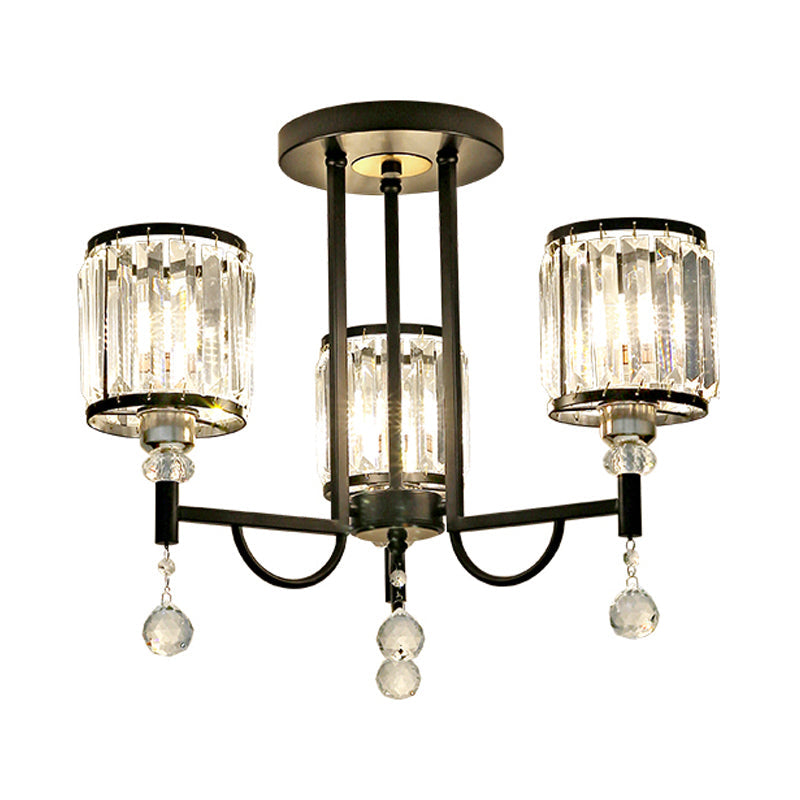 Modern Crystal Semi Flush Ceiling Light with Black Cylinder Design, Ideal for Bedroom