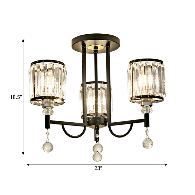 Modern Crystal Semi Flush Ceiling Light with Black Cylinder Design, Ideal for Bedroom