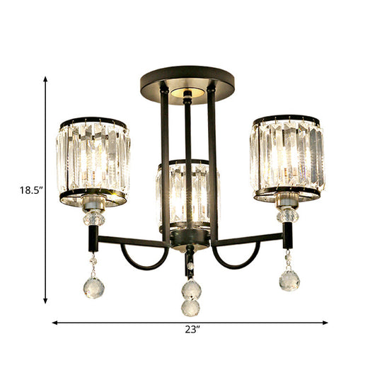 Modern Crystal Semi Flush Ceiling Light with Black Cylinder Design, Ideal for Bedroom