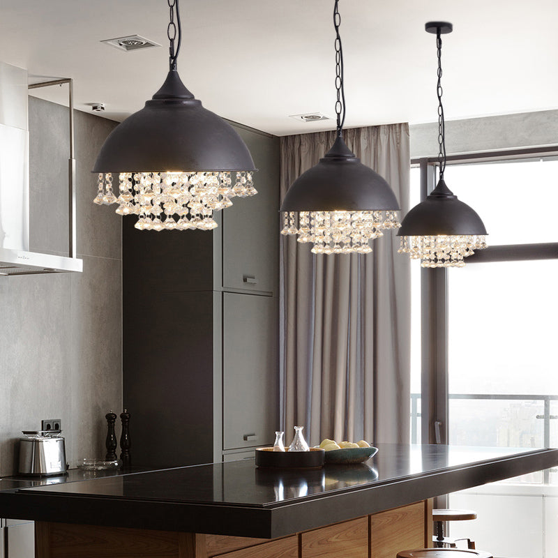 Industrial Dome Pendant Light: Black/Chrome Metal Hanging Fixture With Crystal Bead Black