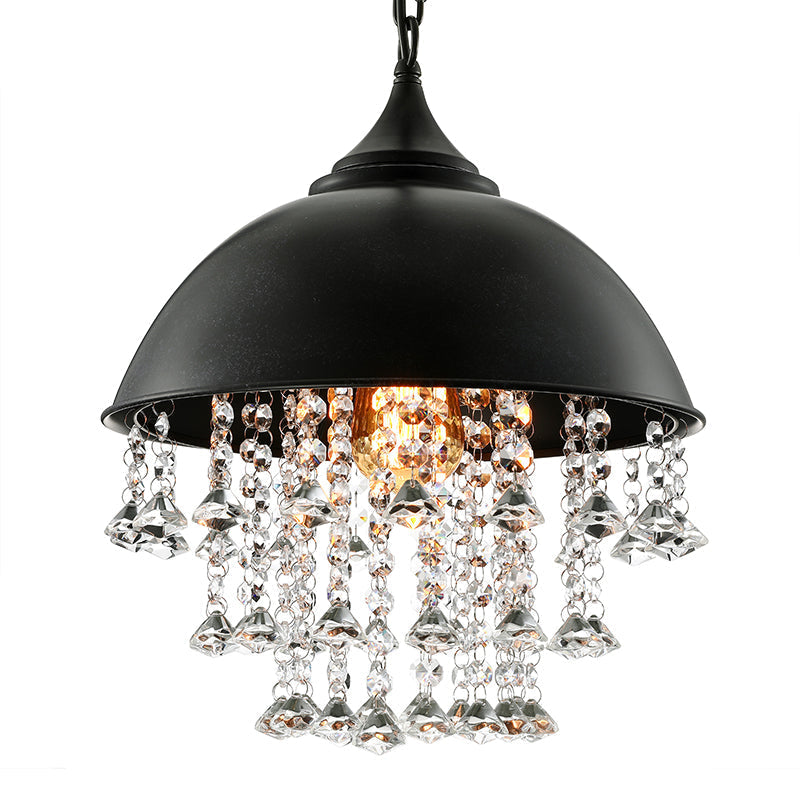 Industrial Dome Pendant Light with Crystal Bead, Black/Chrome Metal Hanging Fixture