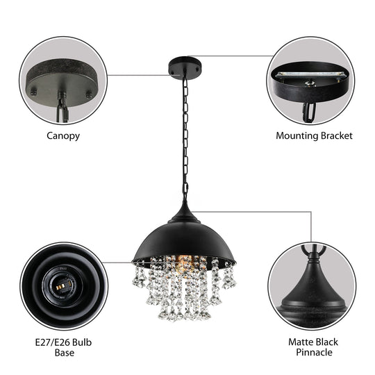 Industrial Dome Pendant Light with Crystal Bead, Black/Chrome Metal Hanging Fixture