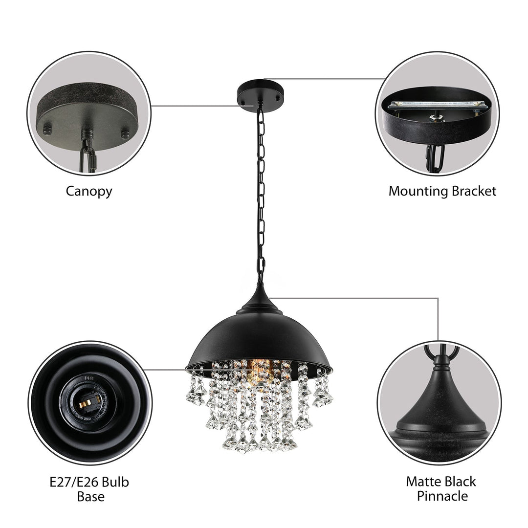 Industrial Dome Pendant Light: Black/Chrome Metal Hanging Fixture With Crystal Bead