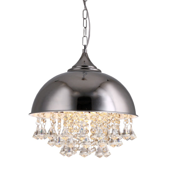 Industrial Dome Pendant Light with Crystal Bead, Black/Chrome Metal Hanging Fixture