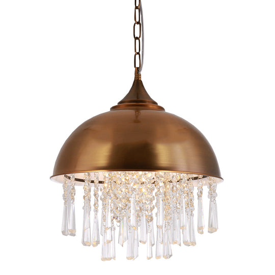 Industrial Dome Pendant Light with Crystal Bead, Black/Chrome Metal Hanging Fixture