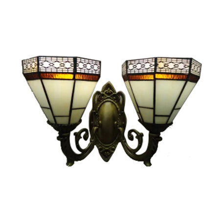 Amber/Blue Stained Glass Pyramid Wall Light - Tiffany Style Sconce For Bedroom (2 Bulbs)