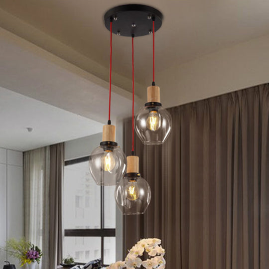 Industrial Dining Room Pendant: 3-Light Hanging Light with Blown Glass Bubble Shades in Clear/Amber/Smoke Grey