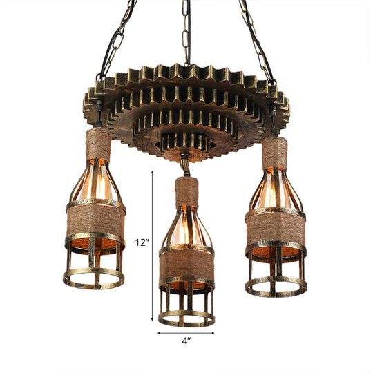 Rustic Industrial 3-Light Bar Pendant Lamp with Gear Decoration - Bottle Caged Iron Ceiling Hanging Light