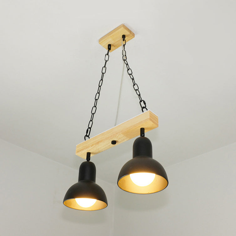 Modern Dome Island Lighting - 2/3 Heads Black/White Metal Pendant Light With Wooden Beam For Kitchen