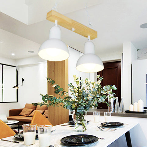 Modern Dome Island Lighting - 2/3 Heads Black/White Metal Pendant Light With Wooden Beam For Kitchen