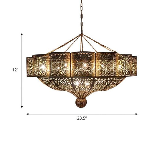 Arab Style Brass Pendant Light Kit With Hollow-Cut Design - 11 Heads Priscilla Edge Metallic