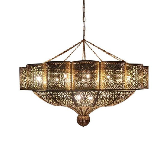 Arab Style Brass Pendant Light Kit With Hollow-Cut Design - 11 Heads Priscilla Edge Metallic