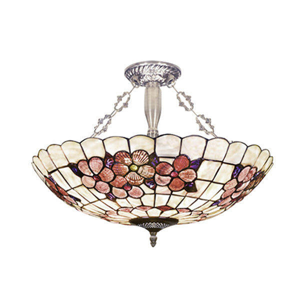 Stained Glass Tiffany Ceiling Light in Beige - Classic Design for Dining Room - 19.5"/12" Width