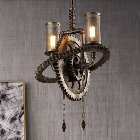 Rustic Wrought Iron Bronze Chandelier with Gear-inspired Design - 2 Lights and Cylinder Mesh Shade