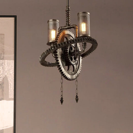 Rustic Wrought Iron Bronze Chandelier 2-Light Hanging Lamp With Gear-Shaped Design & Mesh Cylinder