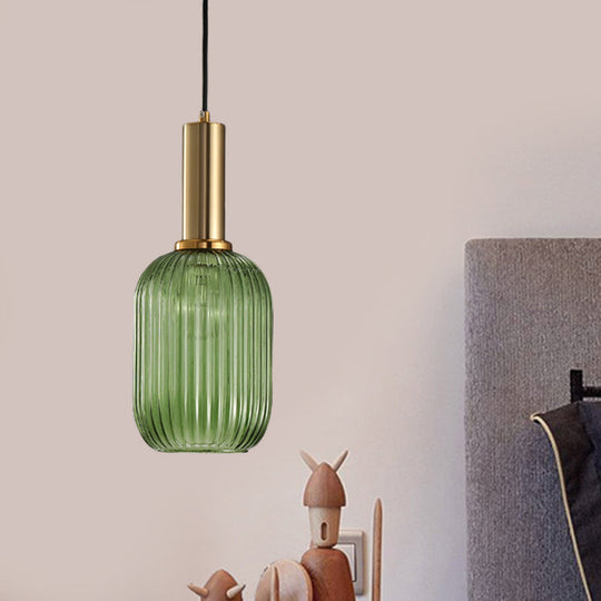 Modernist Black/Gold Pendant Lamp With Ribbed Glass - 1 Light Grey/Green/Amber Stylish Ceiling