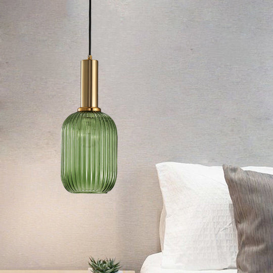 Modernist Black/Gold Pendant Lamp With Ribbed Glass - 1 Light Grey/Green/Amber Stylish Ceiling