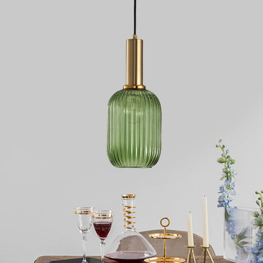 Modernist Black/Gold Pendant Lamp With Ribbed Glass - 1 Light Grey/Green/Amber Stylish Ceiling