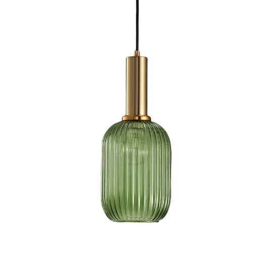 Modernist Black/Gold Pendant Lamp With Ribbed Glass - 1 Light Grey/Green/Amber Stylish Ceiling