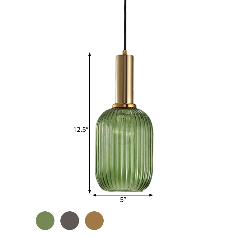 Modernist Black/Gold Pendant Lamp With Ribbed Glass - 1 Light Grey/Green/Amber Stylish Ceiling