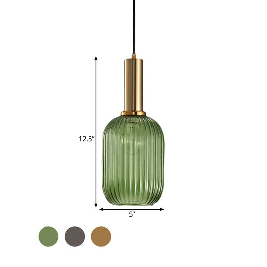 Modernist Black/Gold Pendant Lamp With Ribbed Glass - 1 Light Grey/Green/Amber Stylish Ceiling