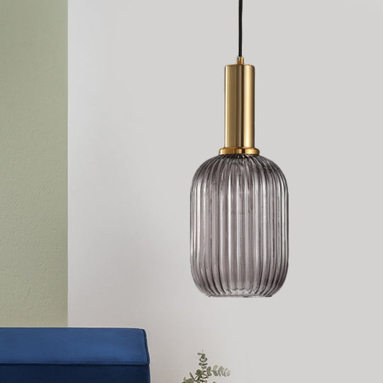 Chloe - Modernist 1 Light Grey/Green/Amber Ribbed Glass Ceiling Pendant Lamp