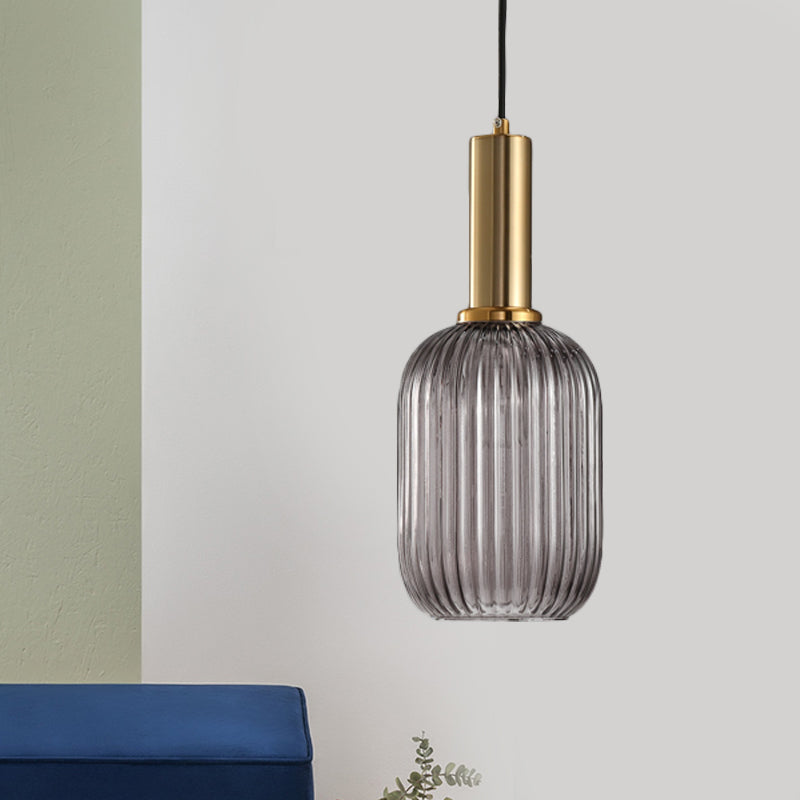 Modernist Black/Gold Pendant Lamp With Ribbed Glass - 1 Light Grey/Green/Amber Stylish Ceiling