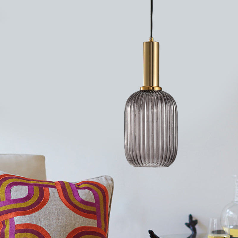 Modernist Black/Gold Pendant Lamp With Ribbed Glass - 1 Light Grey/Green/Amber Stylish Ceiling