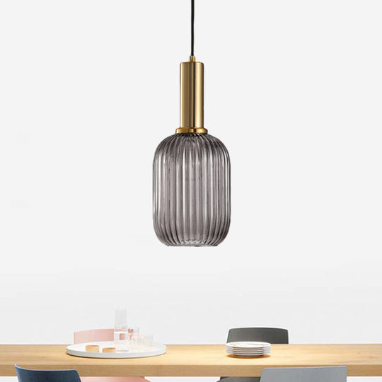 Modernist Black/Gold Pendant Lamp With Ribbed Glass - 1 Light Grey/Green/Amber Stylish Ceiling