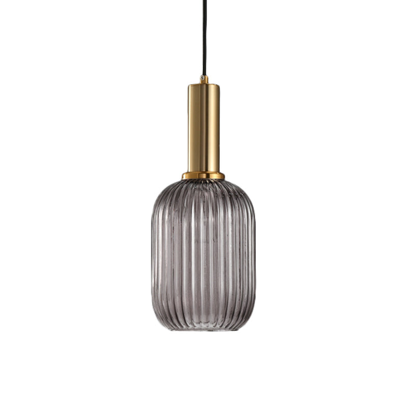 Chloe - Modernist 1 Light Grey/Green/Amber Ribbed Glass Ceiling Pendant Lamp