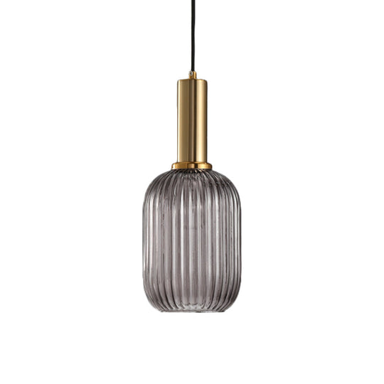 Modernist Black/Gold Pendant Lamp With Ribbed Glass - 1 Light Grey/Green/Amber Stylish Ceiling