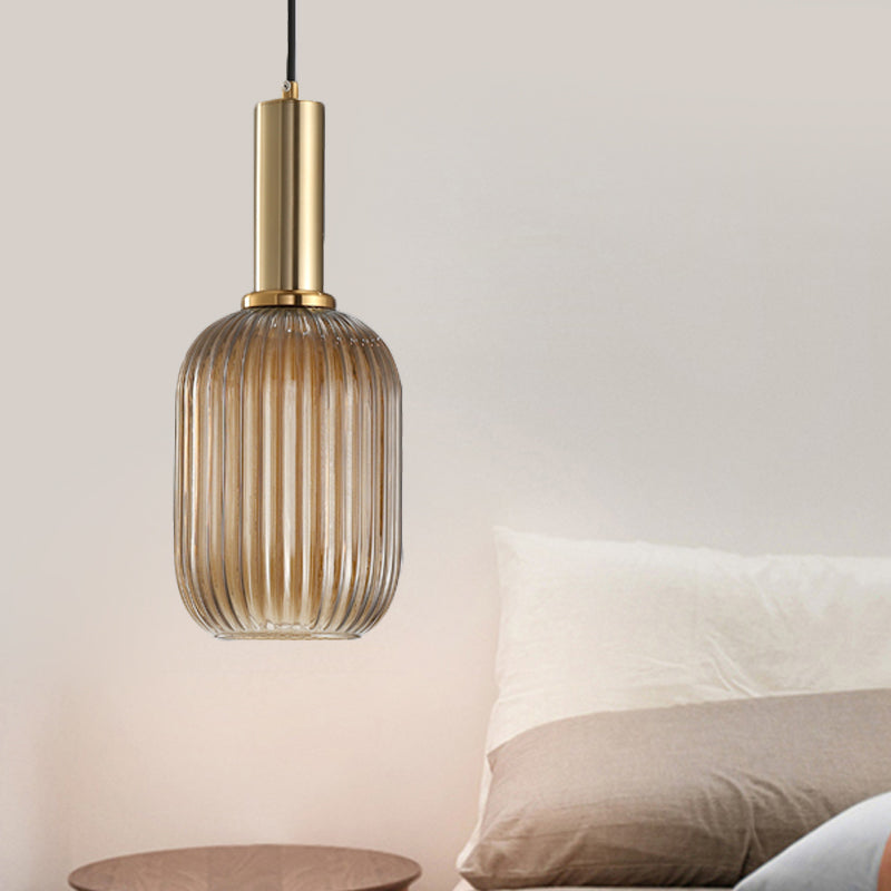 Modernist Black/Gold Pendant Lamp With Ribbed Glass - 1 Light Grey/Green/Amber Stylish Ceiling