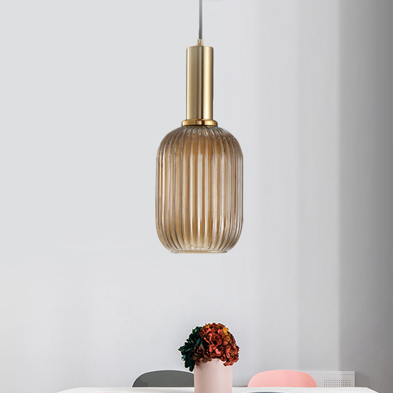 Modernist Black/Gold Pendant Lamp With Ribbed Glass - 1 Light Grey/Green/Amber Stylish Ceiling