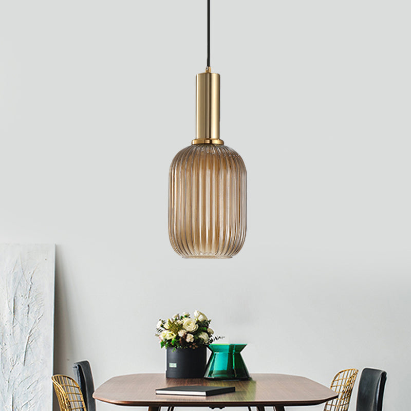 Modernist Black/Gold Pendant Lamp With Ribbed Glass - 1 Light Grey/Green/Amber Stylish Ceiling