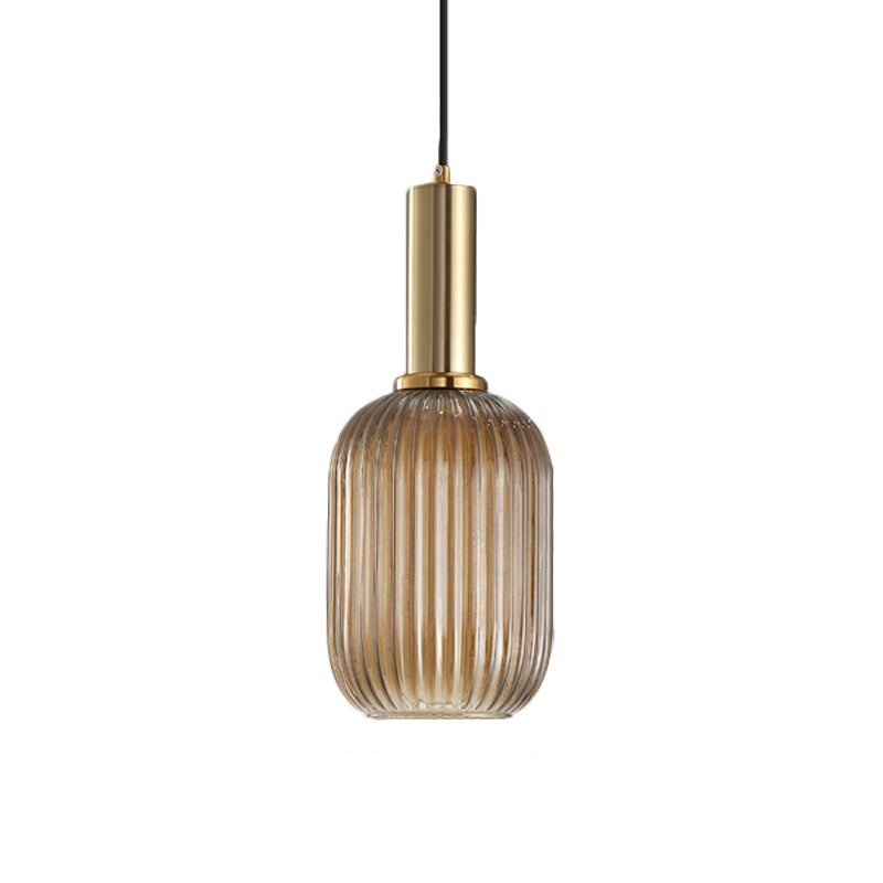 Modernist Black/Gold Pendant Lamp With Ribbed Glass - 1 Light Grey/Green/Amber Stylish Ceiling