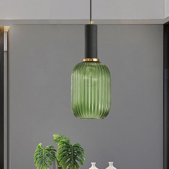 Modernist Black/Gold Pendant Lamp With Ribbed Glass - 1 Light Grey/Green/Amber Stylish Ceiling