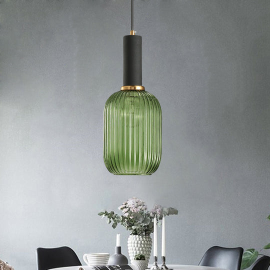 Chloe - Modernist 1 Light Grey/Green/Amber Ribbed Glass Ceiling Pendant Lamp