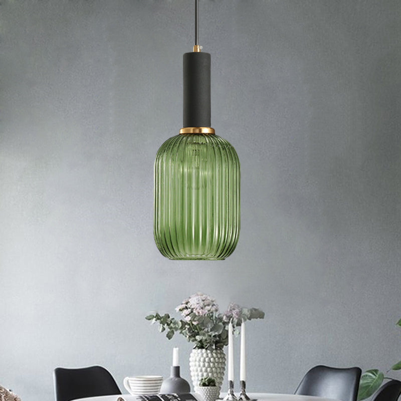 Modernist Black/Gold Pendant Lamp With Ribbed Glass - 1 Light Grey/Green/Amber Stylish Ceiling