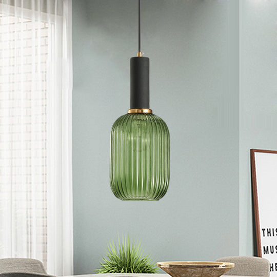 Modernist Black/Gold Pendant Lamp With Ribbed Glass - 1 Light Grey/Green/Amber Stylish Ceiling