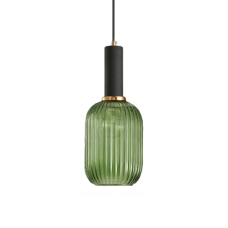 Modernist Black/Gold Pendant Lamp With Ribbed Glass - 1 Light Grey/Green/Amber Stylish Ceiling