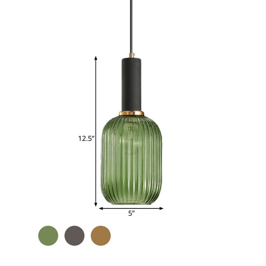 Modernist Black/Gold Pendant Lamp With Ribbed Glass - 1 Light Grey/Green/Amber Stylish Ceiling