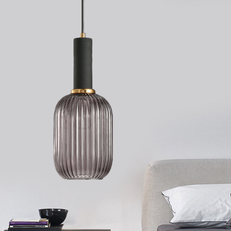 Modernist Black/Gold Pendant Lamp With Ribbed Glass - 1 Light Grey/Green/Amber Stylish Ceiling