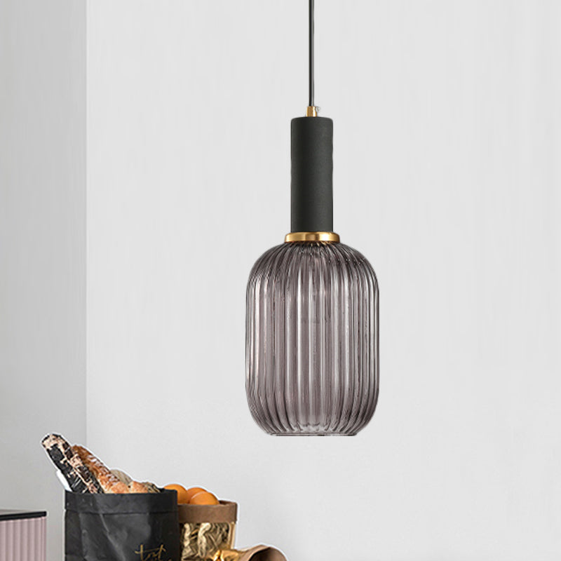 Modernist Black/Gold Pendant Lamp With Ribbed Glass - 1 Light Grey/Green/Amber Stylish Ceiling