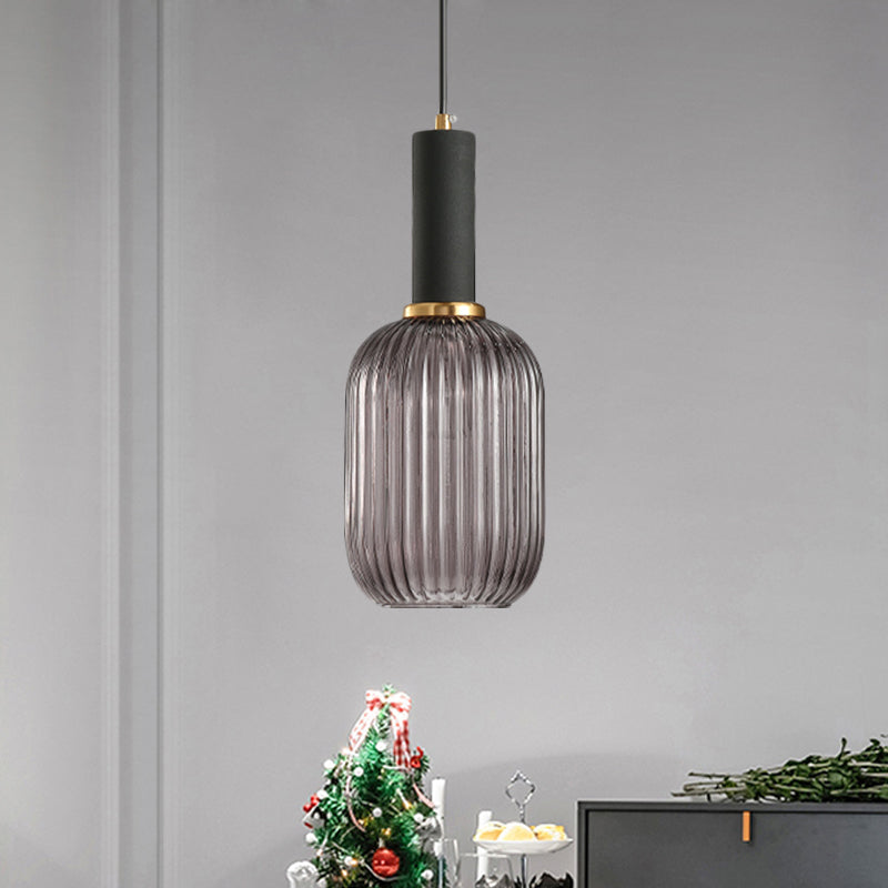 Modernist Black/Gold Pendant Lamp With Ribbed Glass - 1 Light Grey/Green/Amber Stylish Ceiling