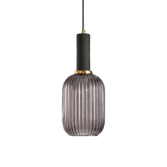 Modernist Black/Gold Pendant Lamp With Ribbed Glass - 1 Light Grey/Green/Amber Stylish Ceiling