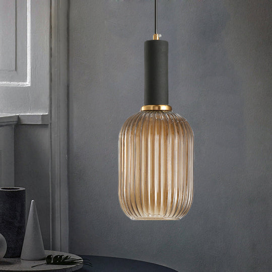 Modernist Black/Gold Pendant Lamp With Ribbed Glass - 1 Light Grey/Green/Amber Stylish Ceiling